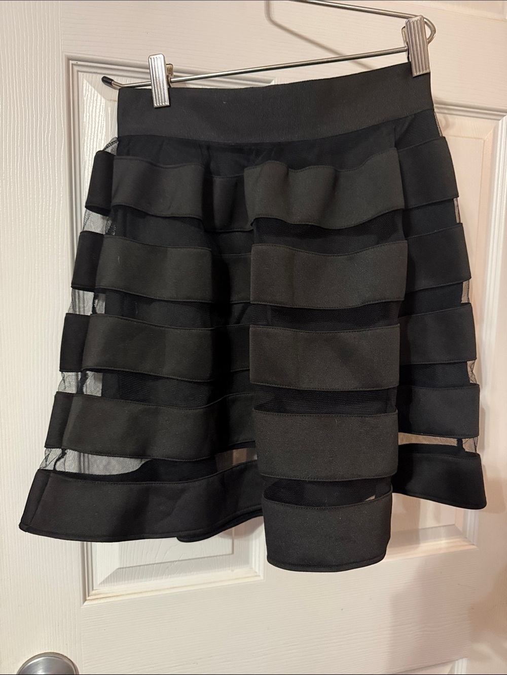 NWOT ASOS Black Horizontal Stripe Illusion Sheer Mesh Tiered Skater Mini Skirt